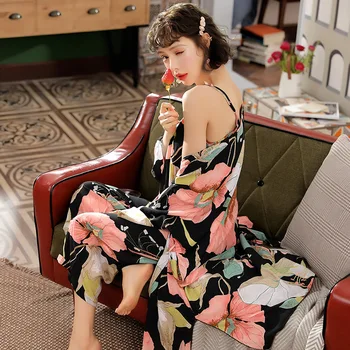 

Soft Pajama for women Ladies Sexy Sleepwear Set Floral Printed Pink Leaves Cardigan+Camisole+Pants Homewear Loose Casual Wear