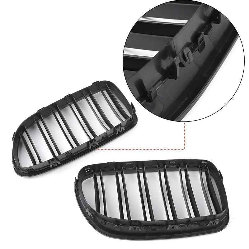 1 Pair Double Slat Line Front Bumper Grill Hood Kidney Grille Grill for 2010- BMW 5 Series F10 F11 F18 M5(Matte Black