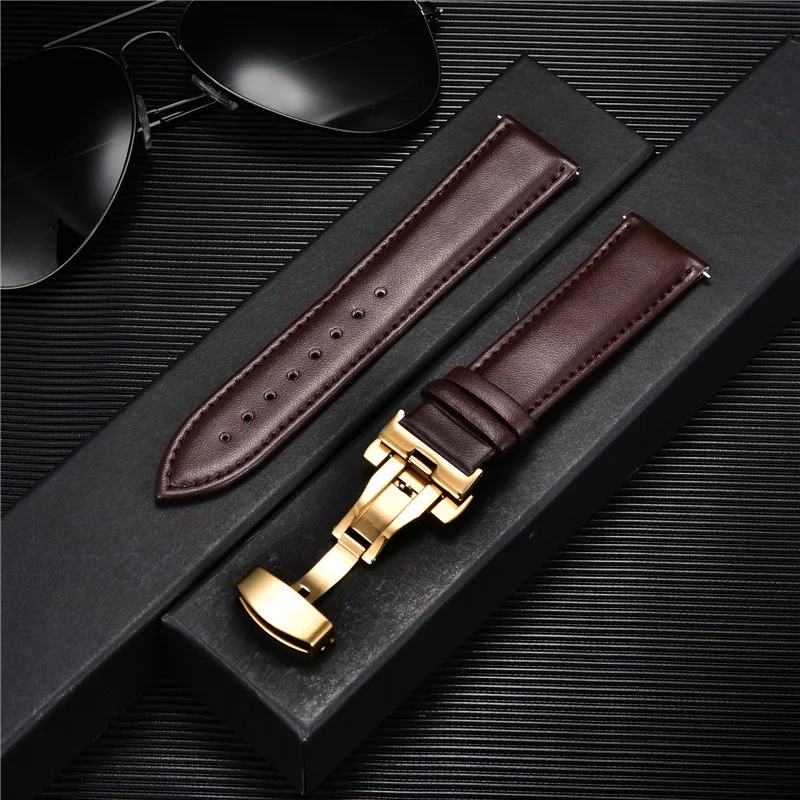 Premium Leather Watchband with Stainless Steel Butterfly Buckle