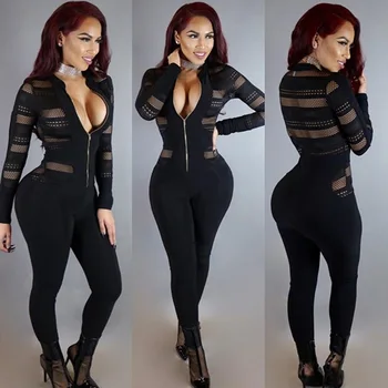 

Black Sexy V Neck Bandage Jumpsuit and Romper Women Mesh See Through Zipper Bodycon Club Party 2019 Long Sleeve Autumn Overalls