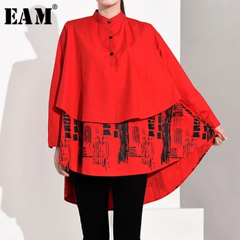 

[EAM] Women Pattern Printed Big Size Back Long Blouse Stand Collar Long Sleeve Loose Fit Shirt Fashion Spring Autumn 2020 S0560
