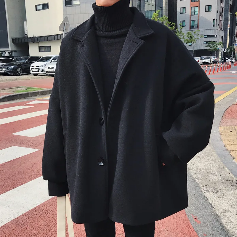 

INS Winter Korean-style Trend MEN'S Coat Loose-Fit Duffle Coat Casual Mid-length Thick Ulzzang Woolen Jacket