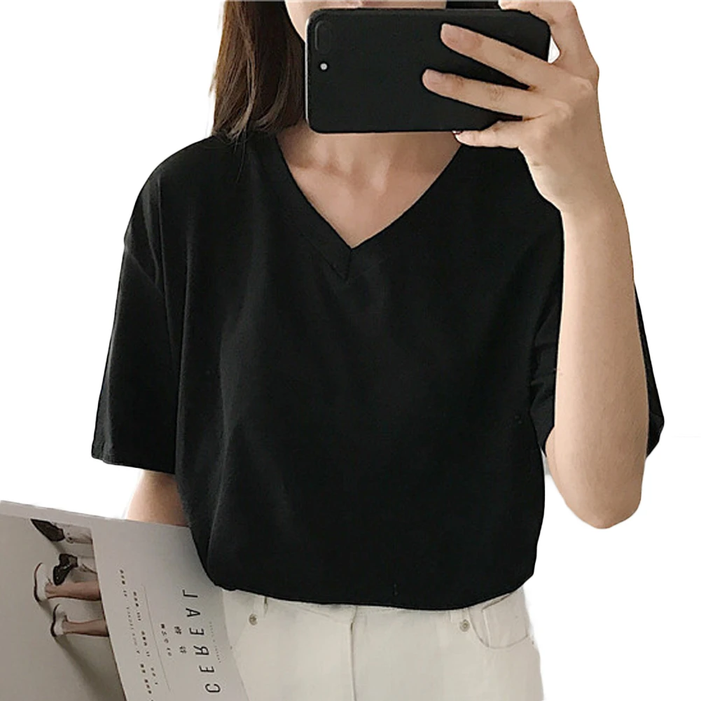 V Neck Хлопок, лен, шикарный женский топ, летняя Минималистичная футболка, свободная однотонная, круглый вырез, короткий рукав, тонкий, для студентов, школьные Топы - Цвет: V Neck