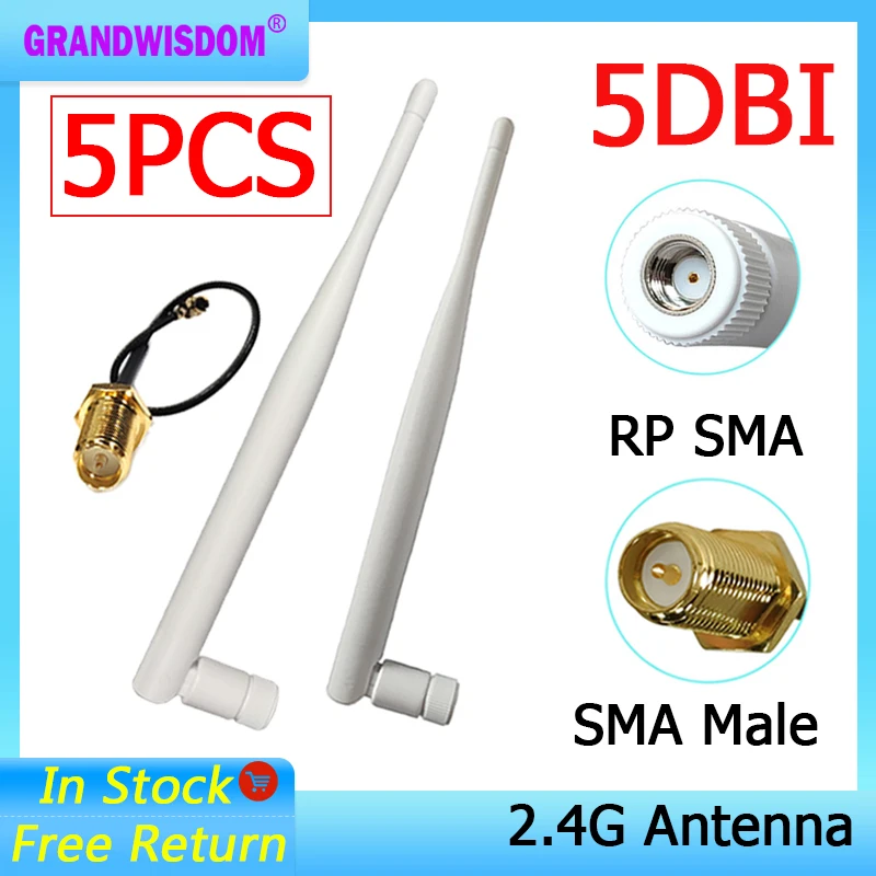 GRANDWISDOM 5pcs 2.4G antenna 5dbi sma female wlan wifi 2.4ghz antene IPX ipex 1 SMA male pigtail Extension Cable module antena