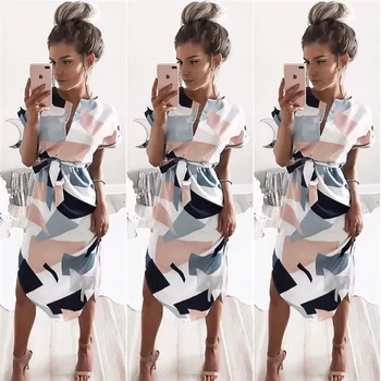 

2020 Summer Dress Women Boho Style Geometric Print Beach Dress Elegant Party Dresses with Belt Vestidos De Fiesta Plus Size XXXL