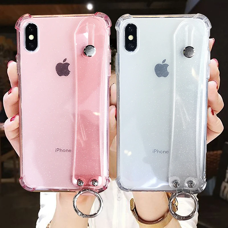 

Glitter Powder Colorful Phone Case For iPhone X XR XS Max 8 7 6 6S Plus Shining Transparent Soft Silicone Wrist Strap Back Cover