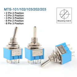 10pcs/LOT Blue Mini MTS-101/102/103/202/203  SPDT ON-OFF ON-OFF-ON 2/3/6 Pin Miniature Toggle Switches 3A250V 6A125V