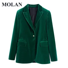 

MOLAN Elegant Velvet Women Blazer Za Fashion Office Wear Buttons-Up Long Sleeve Pockets Vintage Blazer Green Female Outfitt