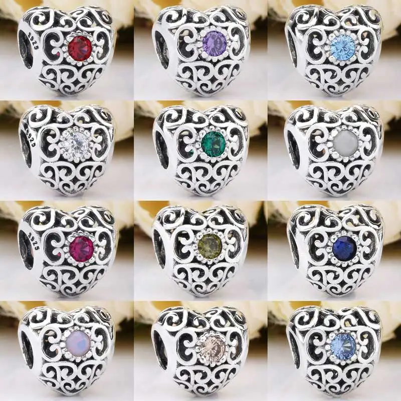 

Authentic 925 Sterling Silver Bead Charm Openwork Month Signature Heart Birthstone Bead Fit Pandora Bracelet DIY Jewelry