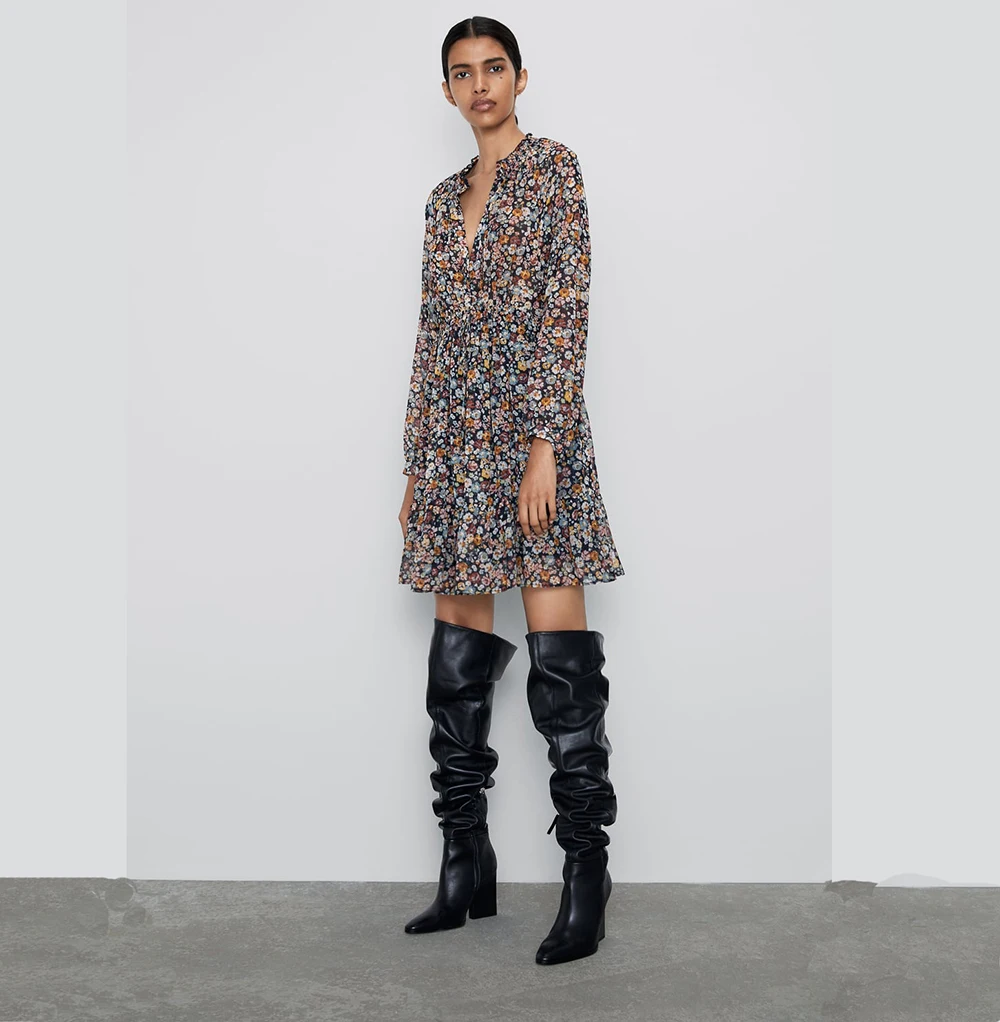 

Za V neck Sexy Sweet Floral Summer Autumn Dresses Women 2019 Boho Fashion High Waist Sleeve Pleated Female Wear Mini Dress Beach