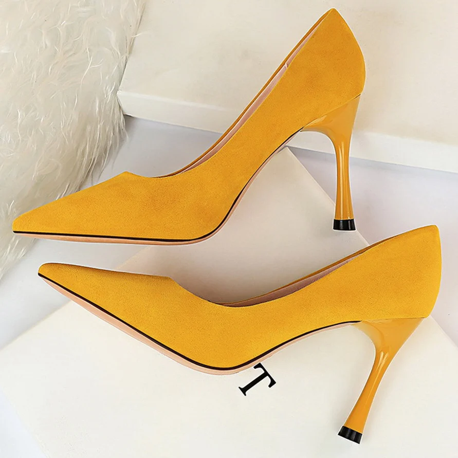 

2020 Women 8.5cm High Heels Suede Pumps Lady Scarpins Talons Fashion Flock Heels Sexy Pointed Toe Blue Nude Yellow Office Shoes