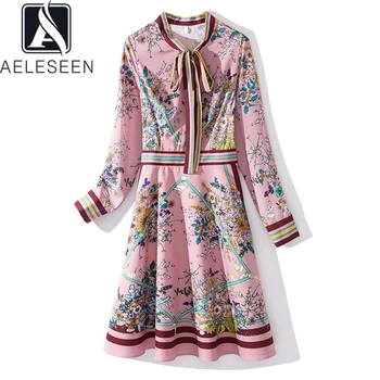 

AELESEEN Ruwnay Fashion Office Ladies Pink Dress Women 2020 Spring Summer Designer Bow Flower Print Knee-Length Party Dress