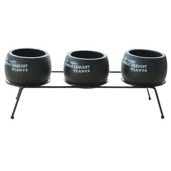 

Set Of 3 Cement Succulent Planter Pots Round Flower Pot Black Flower Planter With Iron Metal Shelf (3 Pots + 1 Stand)