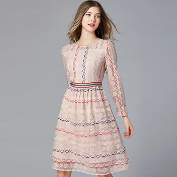 

2020 Spring Women Retro Style Lace Dress Knee Length Loose Casual Elegant Round Neck Long Sleeve Hollow Out Midi Dress Big Size