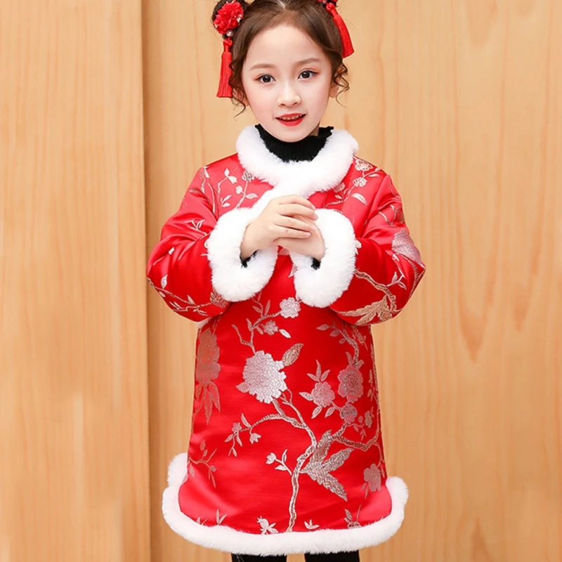 Платье для маленьких девочек зимнее Теплое повседневное платье с цветочным узором и длинными рукавами Ципао детское платье принцессы Новинка