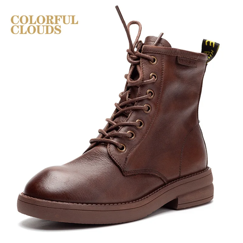 

Leather women's boots 2019 autumn and winter new lace-up Martin boots first layer leather short boots flat bottom