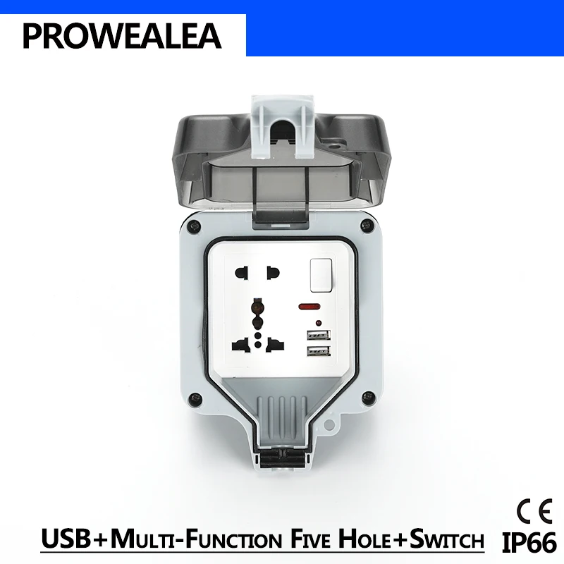 

Weatherproof Socket IP66 USB Multifunction 5 HOLE Switch Waterproof Socket Outdoor Wall Power Socket Electrical Outlet Grounded