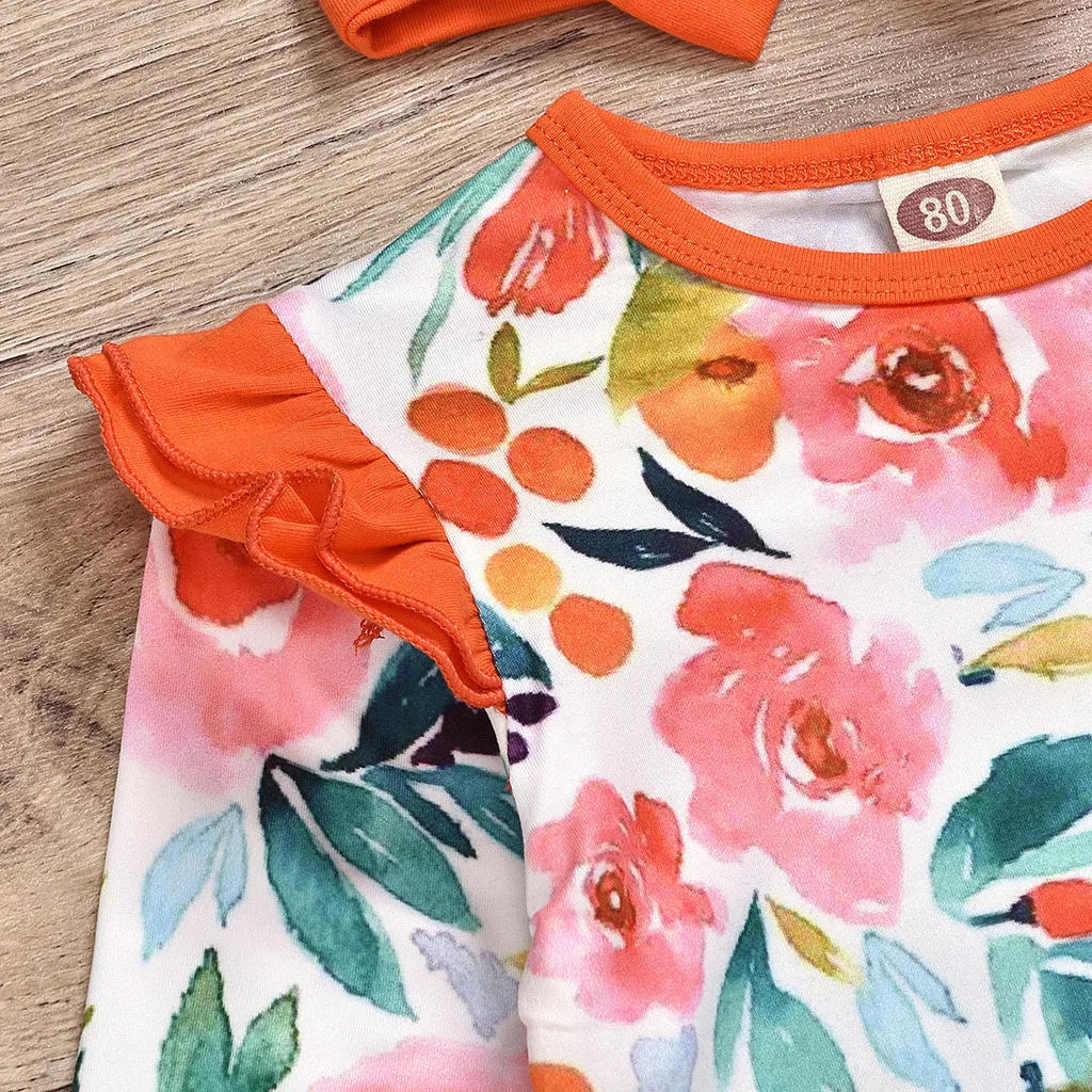 Милый комбинезон с повязкой на голову для маленьких девочек; осенне-зимний комбинезон с цветочным принтом; комбинезон с длинными рукавами+ повязка на голову; Одежда для новорожденных