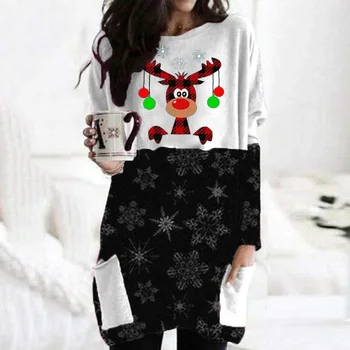 

Fashion Women Christmas Snowflake Deer Head Digital Printing Pocket Shirt Tops Female Saint Long T-Shirts Loose Long Sleeve Plus