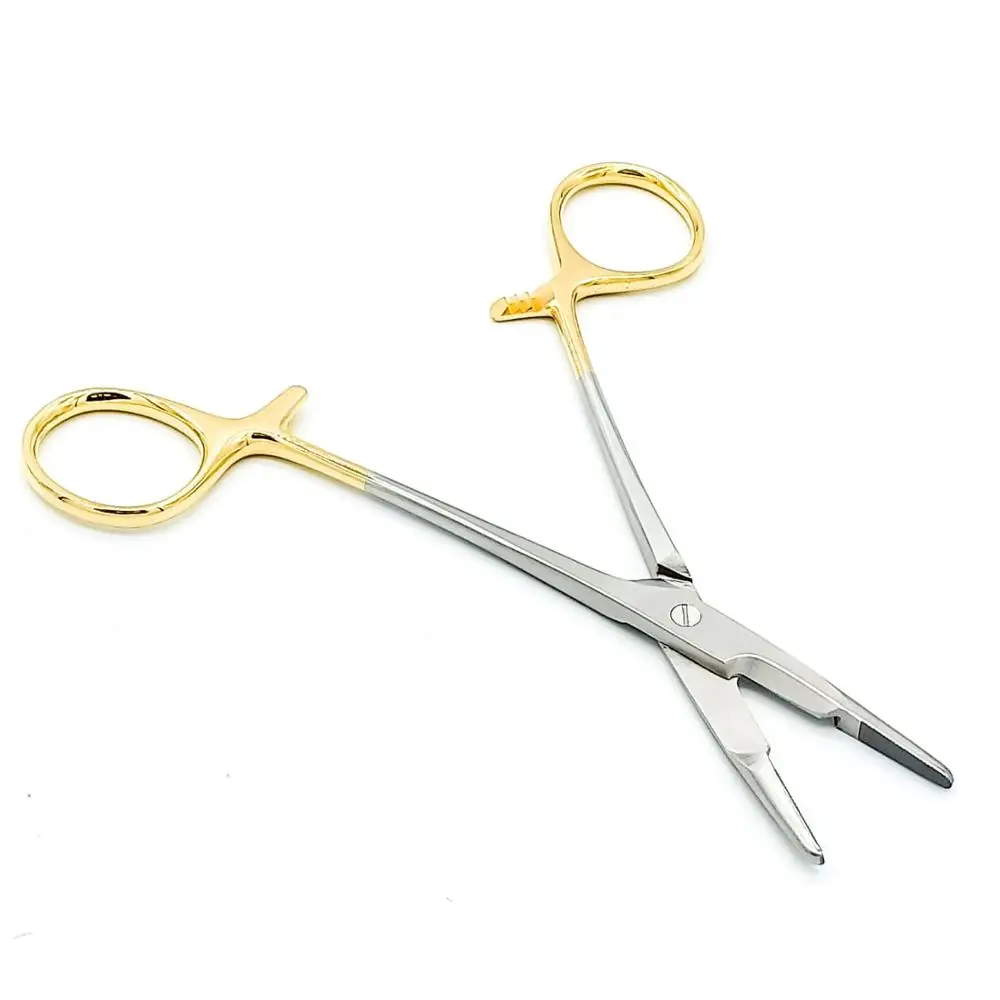 2PCS New German Premium HEMOSTAT Forceps Needle Holder Olsen HEGAR 6.5 Inches Plus 5.5 Inches Serrated with Gold Rings Surgical Veterinary CYNAMED