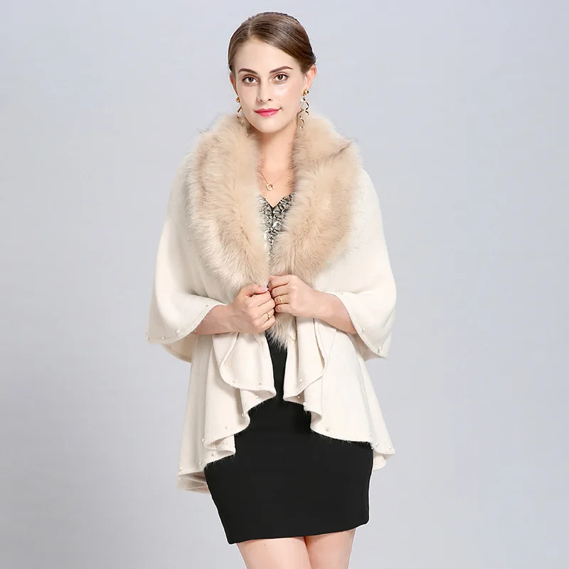 Beige2 Осенне-зимняя модная женская накидка из искусственного лисьего меха с большим шерстяным воротником, пончо, большие размеры Трикотаж, шаль, женский теплый кашемировый плащ - Цвет: Beige2