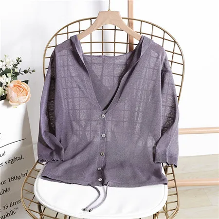 D00517 purple Тонкий свитер с капюшоном, кардиган, женский, Шелковый, льняной, весна-лето, на шнуровке, v-образный вырез, короткий дизайн, свободная накидка, кардиганы, верхняя одежда для женщин - Цвет: D00517 purple