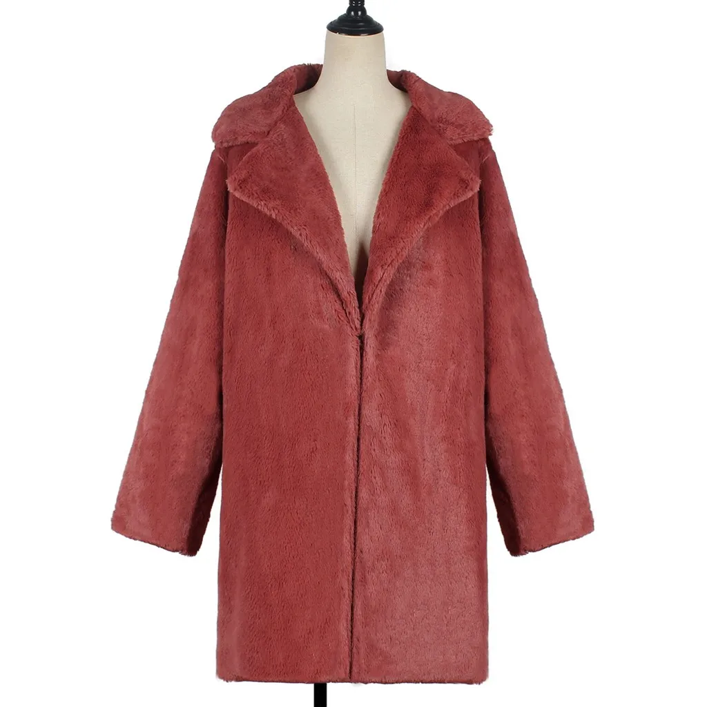 Женская меховая куртка из искусственного меха, зимнее теплое пальто, куртка с отворотом, зимняя длинная верхняя одежда, топы, пальто большого размера, женские флисовые куртки - Цвет: Red