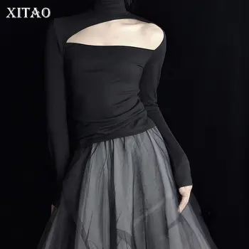 

XITAO Off Shoulder Sheath T Shirt Fashion Hollow Out Irregular Full Sleeve Pleated Small Fresh Casual Style Tee Top DMY3642