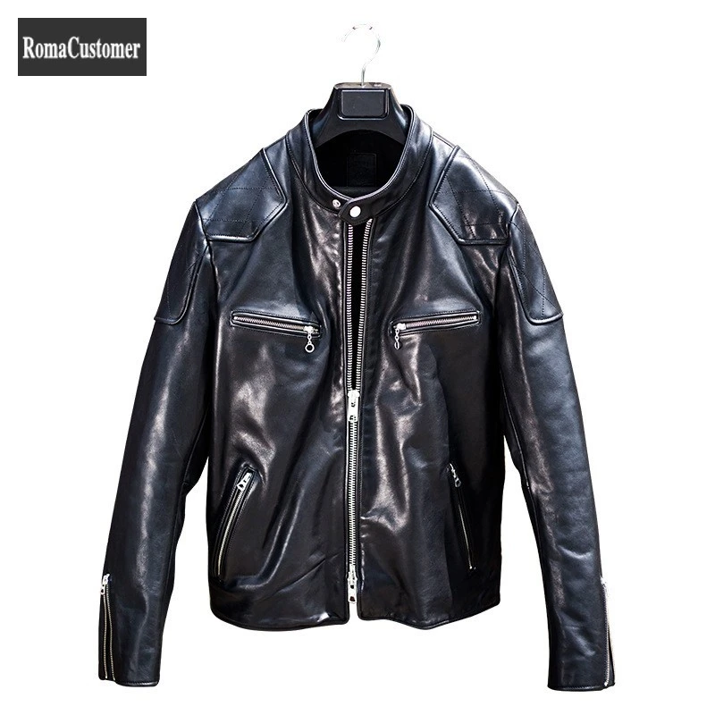 cowhide jacket Mens Spring New O-Neck Biker Genuine Leather Jackets Male Horsehide Zippers Straight Punk Style Vintage Outerwear Casual Coat classic sheepskin coats