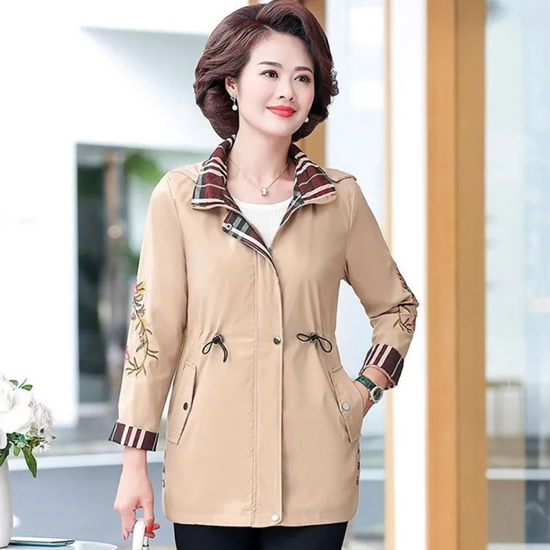 2024 New Mother's Windbreaker Jacket Mid-Length Large Size Middle-Aged Elderly Spring Autumn Trench Coat Women Hooded XL-5XL