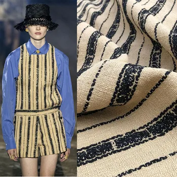 

Stripe flower woolen linen fabric sequin embroidery handmade fabric