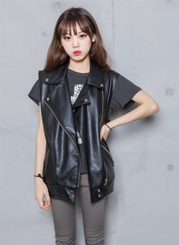 

Girls Punk Rock Sleeveless Vest Leather Coat Zipper Motobike Black Jacket Yuppie Skating Gutar Show