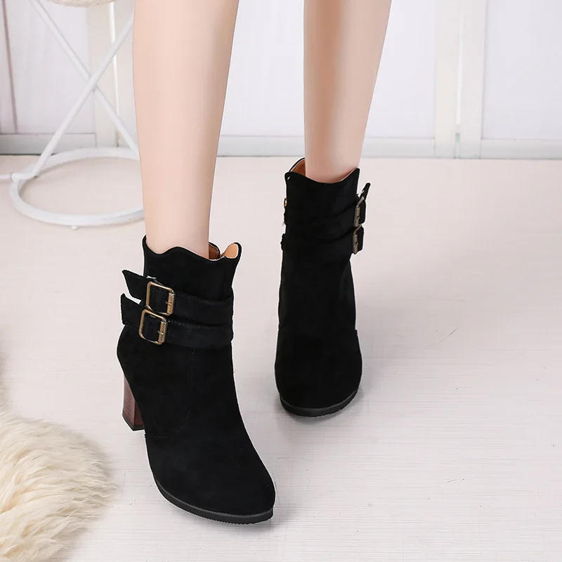 

Europe And America Belt Buckle Large Size Women's Boots Low Heel Chunky-Heel round-Toe New Style Low-Top WOMEN'S Shoes Tube Shor
