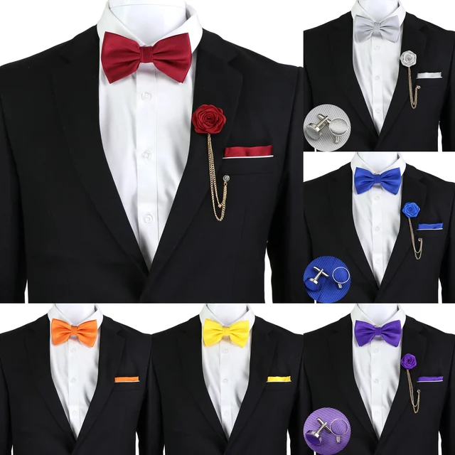 New Solid Color Bow Tie Set For Men Silk Butterfly Hanky Cufflinks Tassel Brooch Polyester Jacquard Woven Bowtie Party Accessory 2