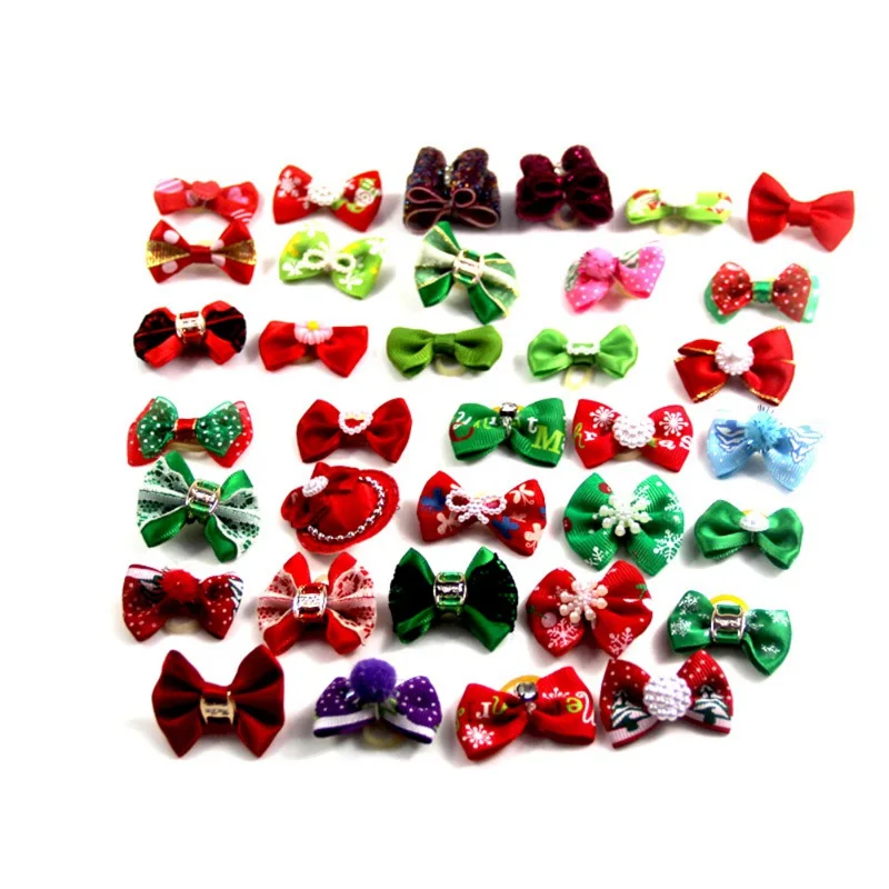 10 Pcs Pet Christmas collar small pet dog bow knot color pattern mixed pet Teddy cat bow tie Rubber Bands Color Random