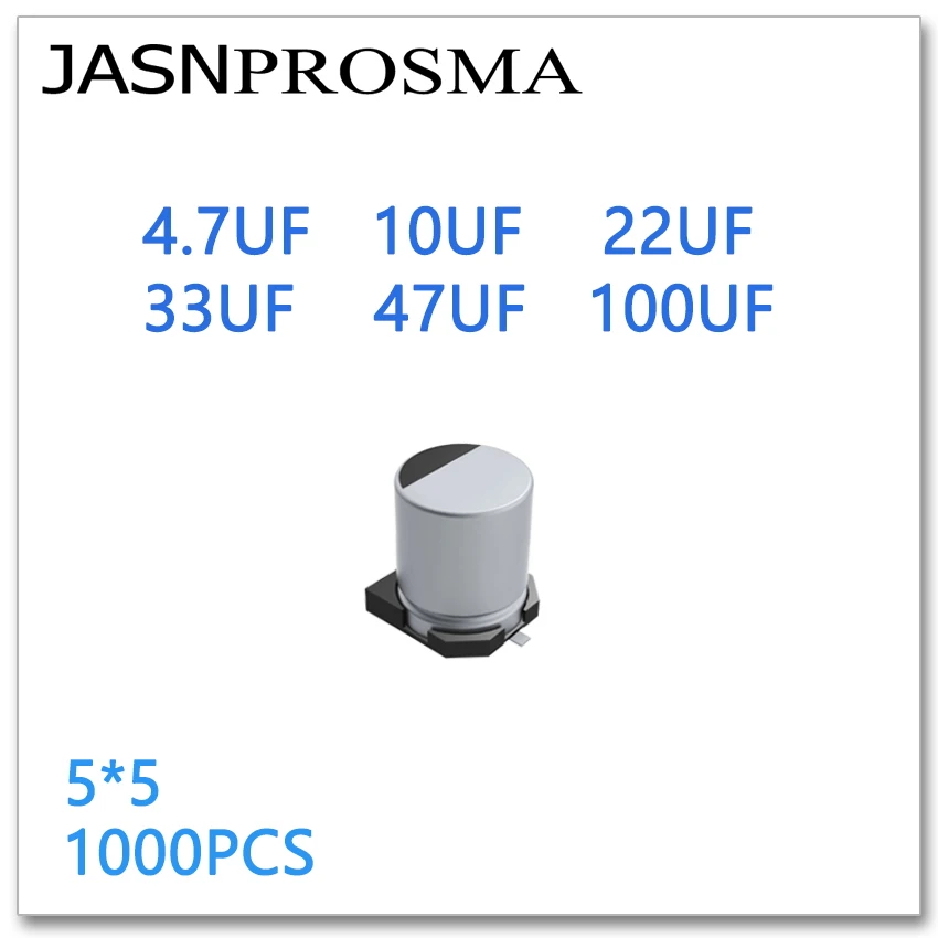 

JASNPROSMA 1000PCS 5*5 4.7UF 10UF 22UF 33UF 47UF 100UF 4V 10V 16V 25V 35V 50V SMD 5x5 Aluminum electrolytic capacitors
