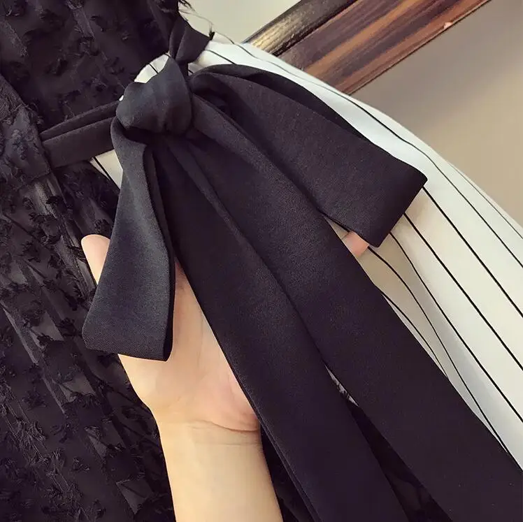 Korea Women Casual Lace Striped Patchwork Dress 2020 Summer 3D Tassel Appliques V-neck Short Sleeve Sashes irregular Dress