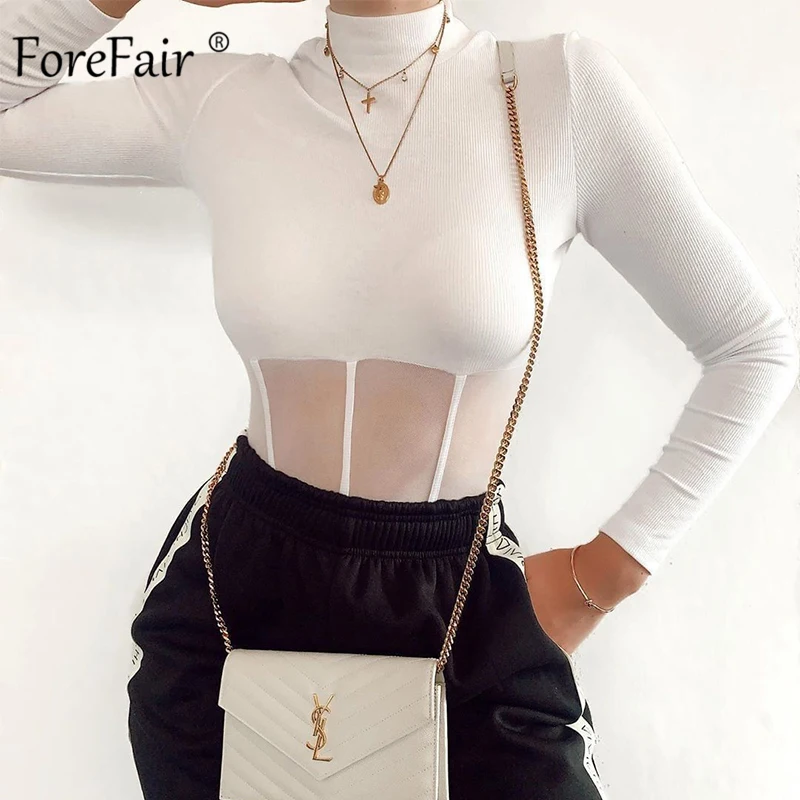 Forefair otoño Sexy mujer ver a través de manga larga de cuello alto blanco negro Patchwork camiseta Top Bodycon mujer mono