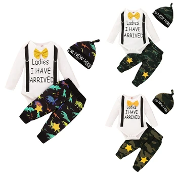 

Baby Girls Boys Spring Autumn Clothes Long Sleeve Deer Print / Plaid Bodysuits Pants Hats 3Pcs Outfits Casual02