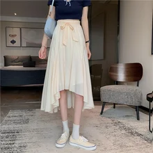 

Female Spring Summer Bow Belt Irregular Fold Skirt Elegant 2021 Women New Korean Version High-waisted Thin Mid-length Skirts