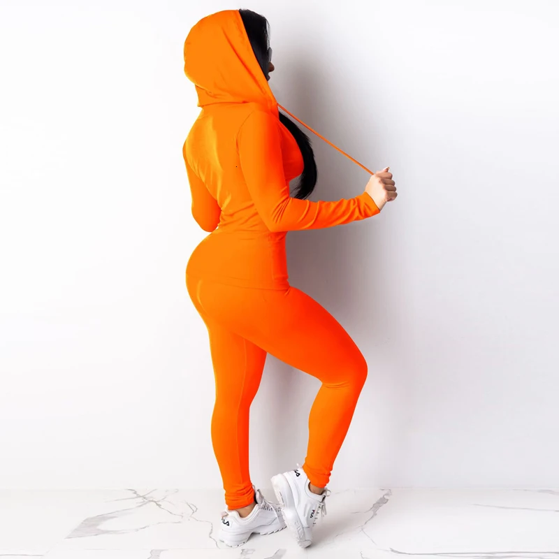 Autumn Women Zipper Up Long Sleeve Hooded Top Pencil Pants Suit Two Piece Set Casual Sporting Tracksuit Neon Green Outfits