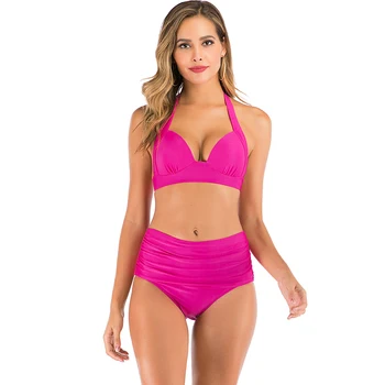 

High Waist Swimwear 2020 New Red Yellow Bikinis Women Swimsuit Plus size 2XL Bathing Suit Halter two piece Biquini set Maillot