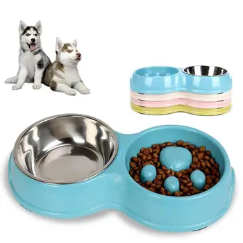 

Easy Clean Non Slip Prevent Obesity Dogs Cats Stainless Steel Anti Choking Home Slow Feeder Leakproof Double Pet Bowl Portable