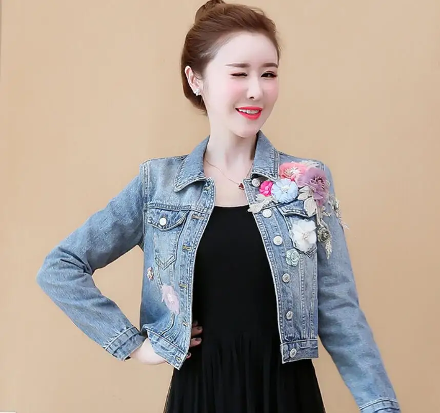 Вышивка трехмерные цветы джинсовые куртки Женский однобортный бисер джинсовое пальто Верхняя одежда Большие размеры, S-3XL r1598