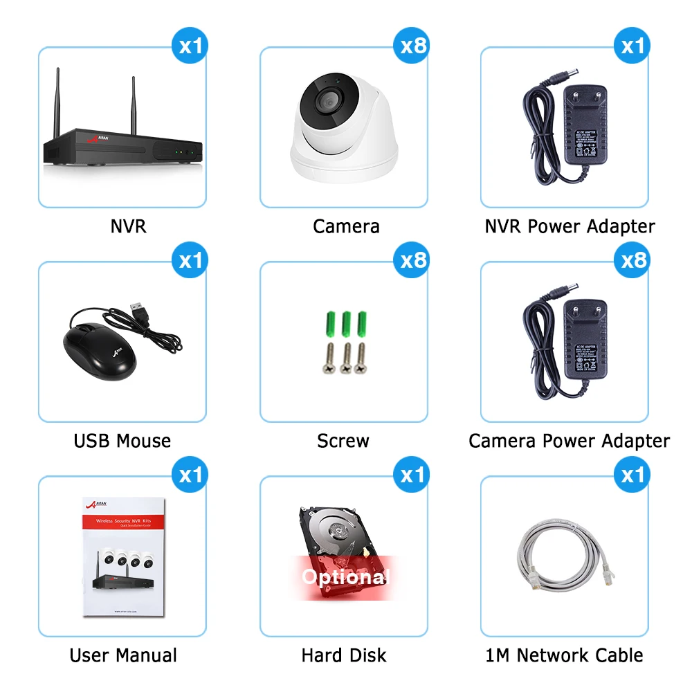 ANRAN домашняя Wifi камера безопасности, домашняя беспроводная система видеонаблюдения, 1080P HD аудио CCTV камера, 8 CH NVR набор