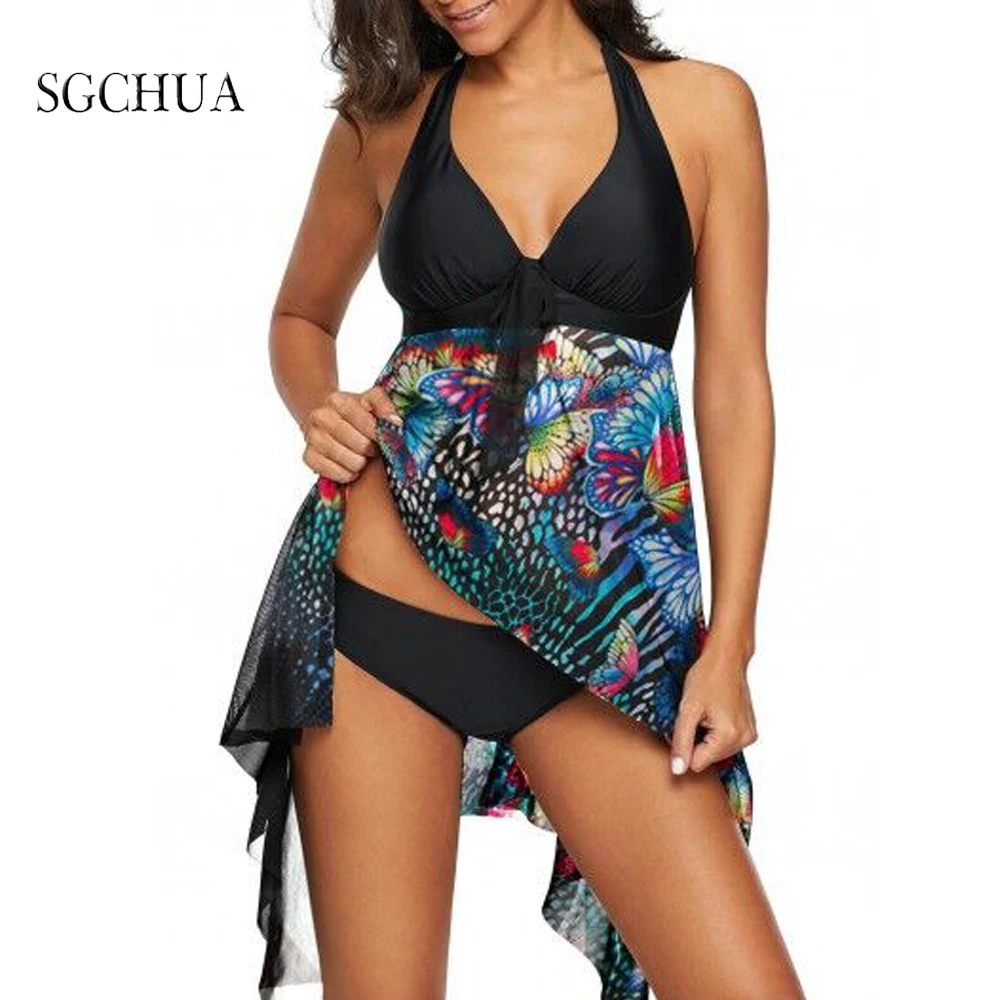 

Famale Deep V Halter Tankini Butterfly Print Dress Plus Size Swimwear S-5XL Backless BikiniSet Big Size 2021 Bathing Suit Women