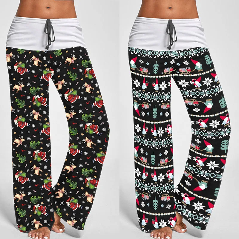 Весенне осенние женские длинные свободные брюки с цветочным принтом на шнуровке