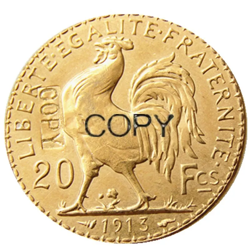 1913 Франция 20 Франк петух позолоченный копия монеты