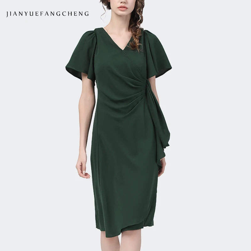 puff-slevee-vestido-veraniego-para-mujer-moda-de-talla-grande-verde-drapeado-hasta-la-rodilla-con-volantes-elegante