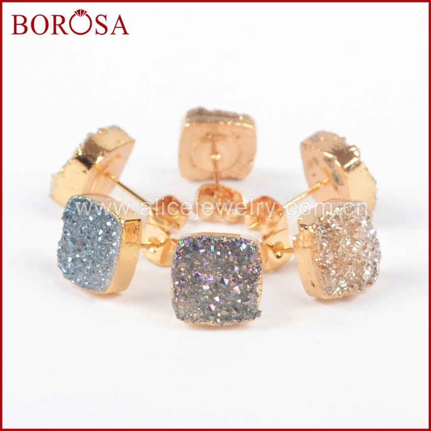 

BOROSA 1Pair Druzy Earrings Gold Color Square Natural Stone Titanium Stud Earrings Fashion stud 10mm Jewelry for Women G0914